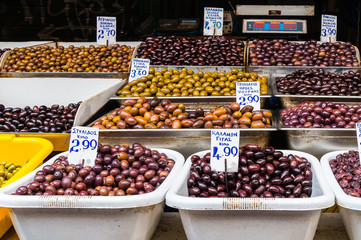 Close up of mixed Greek olives in the market in Athens Greece