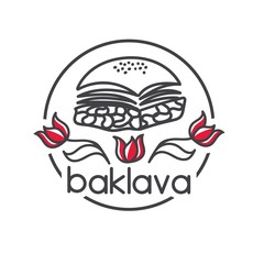 Baklava. Turkish dessert. Clear modern vector illustration with red tulips. Hand drawn doodle elements for minimalistic label, logo, badge or card design for cafe, bakery or street food market.