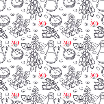 Cute Seamless Background Of Soybeans And Soy Sauce. Hand-drawn Illustration