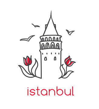 Vector illustration with hand drawn doodle outline of famous landmark in Istanbul - Maiden tower, tulip flowers and seagulls. Tourism and travel modern design with turkish symbols.