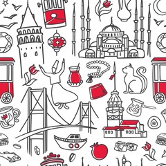 Istanbul symbols. Hand drawn vector seamless pattern with black outline doodles and red color on white background. Modern clear line design for touristic print, backdrop, wrapping paper or wallpaper.