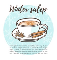 Vector illustration of traditional turkish hot beverage Salep with cinnamon sticks and anise stars. Hand drawn doodle cup with beverage on blue circle with snowflakes. Recipe card, poster or menu