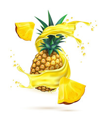 Vector realistic pineapple juice splash slice