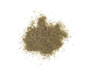 Black pepper powder over white background, top view