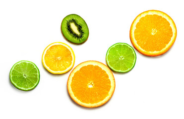 grapefruit, kiwi, orange, lime on white background