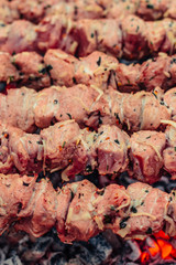 Tasty grilled meat on metal skewers on the brazier in winter. Roasted meat cooked at barbecue. BBQ fresh beef meat chop slices. Traditional eastern dish, shish kebab.