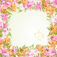 Fototapeta na wymiar Frame floral border festive background with blooming lilies and buds vintage vector Illustration for use in interior design, artwork, dishes, clothing, packaging, greeting cards