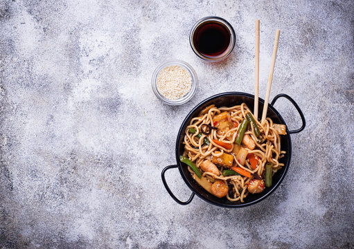 Stir Fry Noodles With Chicken, Tofu And Vegetable.