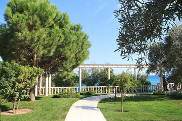 Beautiful park with pat  in suumer day blue sky - Garden design - Landscape background
