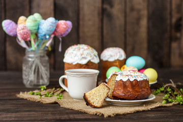 Easter cake and Easter eggs (traditional decoration and treats). Happy easter! Copy space.
