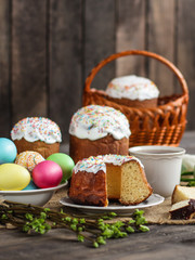 Easter cake and Easter eggs (traditional decoration and treats). Happy easter! Copy space.