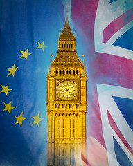 Fototapeta na wymiar London Big Ben Tower blended with European Union and Union Jack Flag, Brexit Project Double Exposure