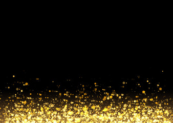 Gold glitter texture. Irregular confetti border on a black background. Christmas or party flyer design element. Vector illustration.