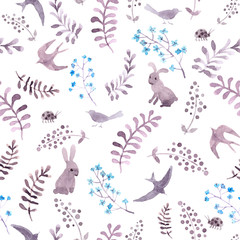 Fototapeta na wymiar Rabbits, birds, ladybugs in flowers in meadow. Repeating cute ditsy pattern. Watercolor