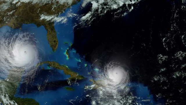 Two Major Hurricanes Approaching USA. Shot from Space. Elements of this animation are furnished by Nasa. 