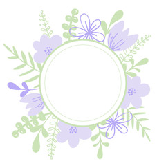 Round purple vector frame with flower and leaves. Illustration or wedding invitation card, print