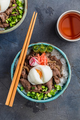 Gyudon japan cuisine beef and rice bowl top view