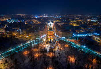 Winter night aerial view from Timisoara taken by a professional drone - Timișoara Orthodox Cathedral in middle
