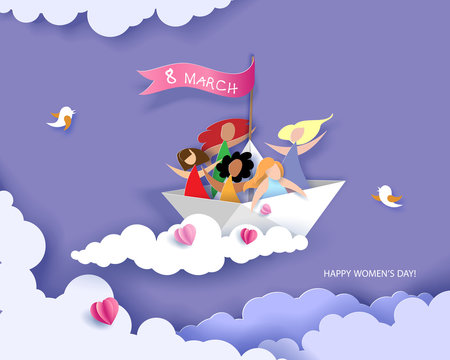 Card for 8 March womens day. Happy women different nationalities flying on paper boat. Vector illustration. Paper cut and craft style.