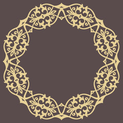 Oriental round golden pattern with arabesques and floral elements. Traditional classic ornament. Vintage pattern with arabesques