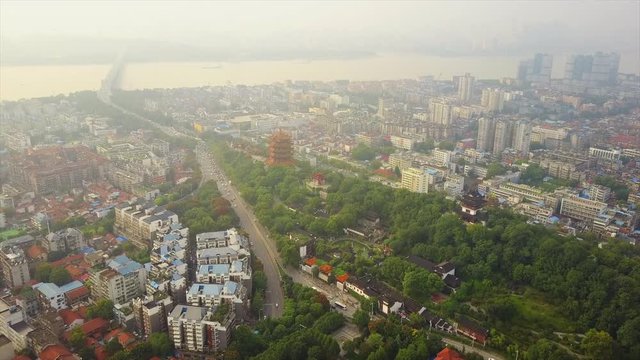 wuhan city day time famous yellow crane temple traffic road aerial panorama 4k china

