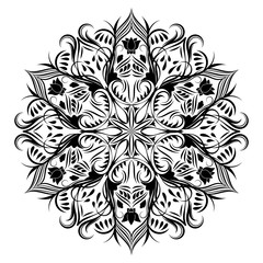 Vector floral round in the vintage style. Black and white nature ornament.
