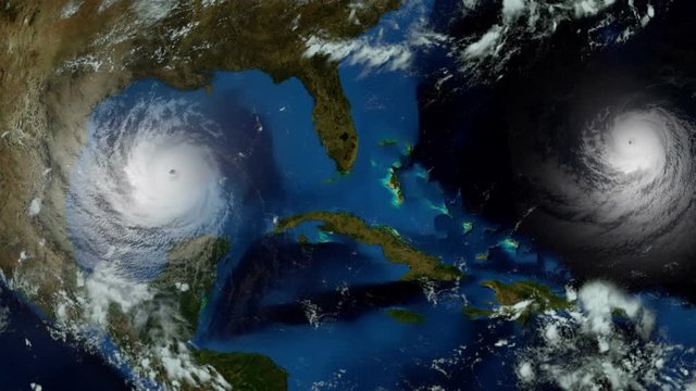 Two Hurricane Approaching US East Coast. Shot from Space. Elements of this animation are furnished by Nasa. 