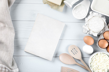 Dairy products on wooden table