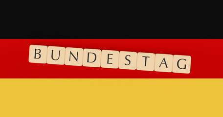 Germany Politics Concept: Letter Tiles Bundestag On German Flag, 3d illustration