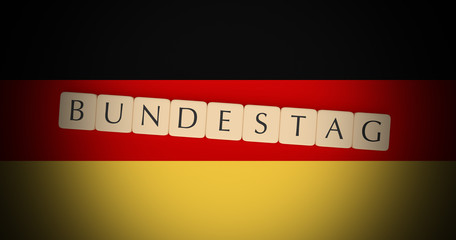 Germany Politics Concept: Letter Tiles Bundestag On German Flag, 3d illustration