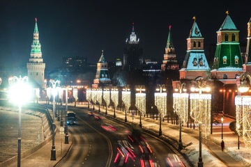 Obraz premium Night traffic in a center of Moscow, Russia
