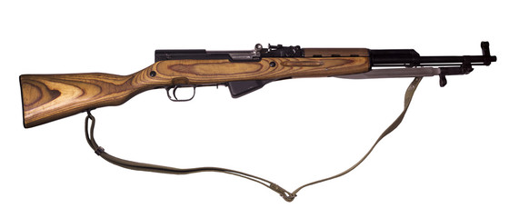 semi-automatic carbine with bayonet in its closed position and with canvas belt, isolated