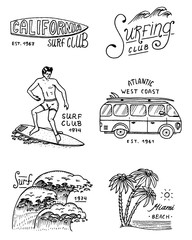 Surf badge and wave, palm tree and ocean. tropics and california. man on the surfboard, summer on the beach and the sea. engraved emblem hand drawn. Banner or poster. sports in Hawaii.