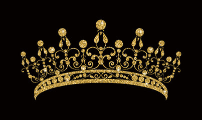 Glittering Diadem. Golden tiara isolated on black background. - 194345797