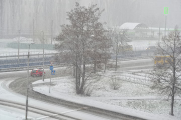 Snowfall in the city. Winter beginning in Kyiv, Ukraine.