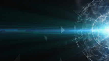 3D abstract technology with intersections and particles. Network of lines with sphere shape. Lens flare effect.