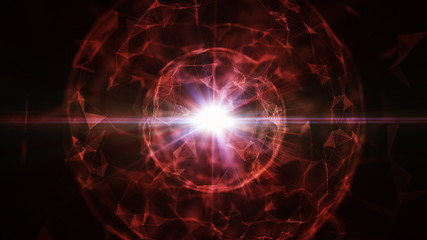 3D abstract technology with intersections and particles. Network of lines with sphere shape. Lens flare effect.