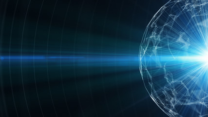 3D abstract technology with intersections and particles. Network of lines with sphere shape. Lens flare effect.