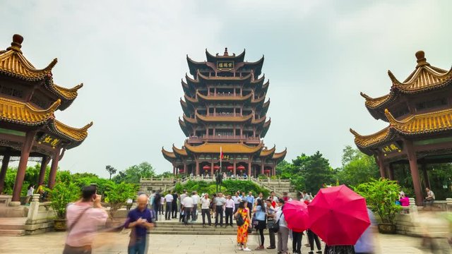sunny day wuhan city famous yellow crane main temple crowded front panorama 4k timelapse china
