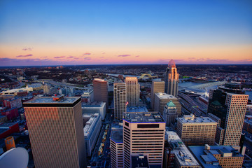 Aerial view of the downtown Cincinnati skyline along the Ohio riverfront