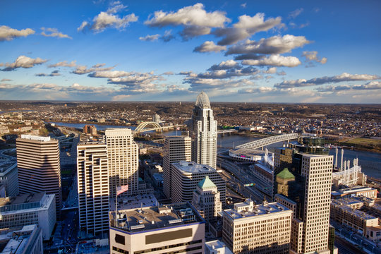Aerial view of the downtown Cincinnati skyline along the Ohio riverfront