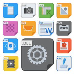 File types vector icons and formats labels file system icons presentation document symbol application software folder illustration. Archive, illustration. picture image, print