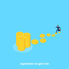 a man in a business suit runs on gold coins to big money, an isometric image