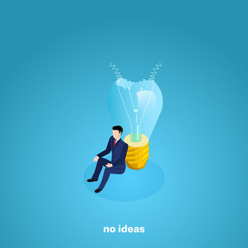 a man in a business suit sits on the floor leaning on a broken light bulb, an isometric image