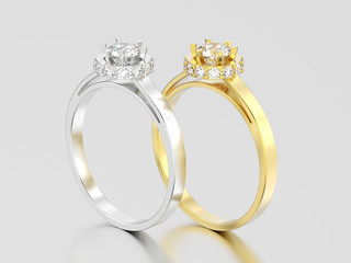 3D illustration two yellow and white gold or silver halo bezel pave diamond rings