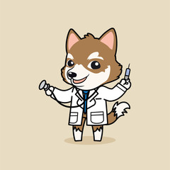 Cute cartoon character design Siberian Husky dog in Doctor costume 