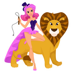 Woman and lion. Lion tamer. Character representing Leo for a modern horoscope. EPS10 vector illustration.