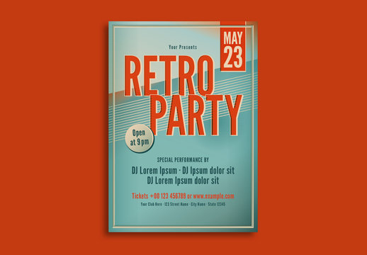 Retro Party Flyer Layout with Blue and Orange Accents