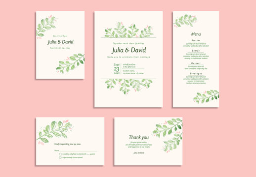 Wedding Invitation Set with Pink and Green Floral Elements