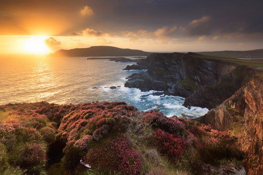 Ireland, Portmagee cliffs at sunset along the Ring of Kerry